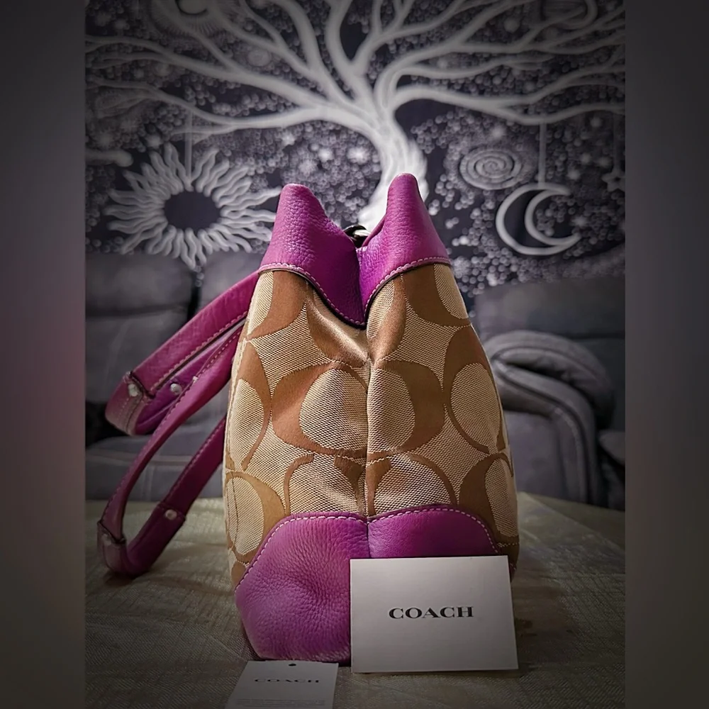 Vintage Coach purple Pink leather and Tan Signature Tote Bag shoulder bag 2009 - Picture 12 of 17